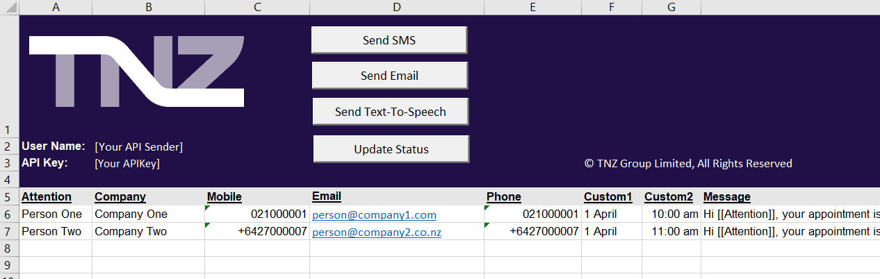 TNZ sample Excel workbook with messaging controls
