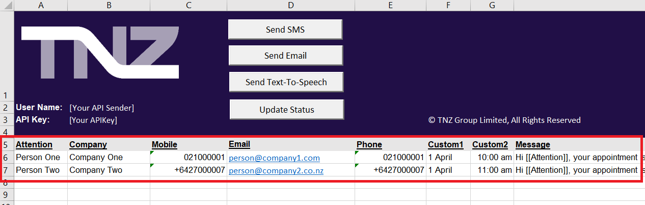 Recipient and message fields highlighted in the sample workbook