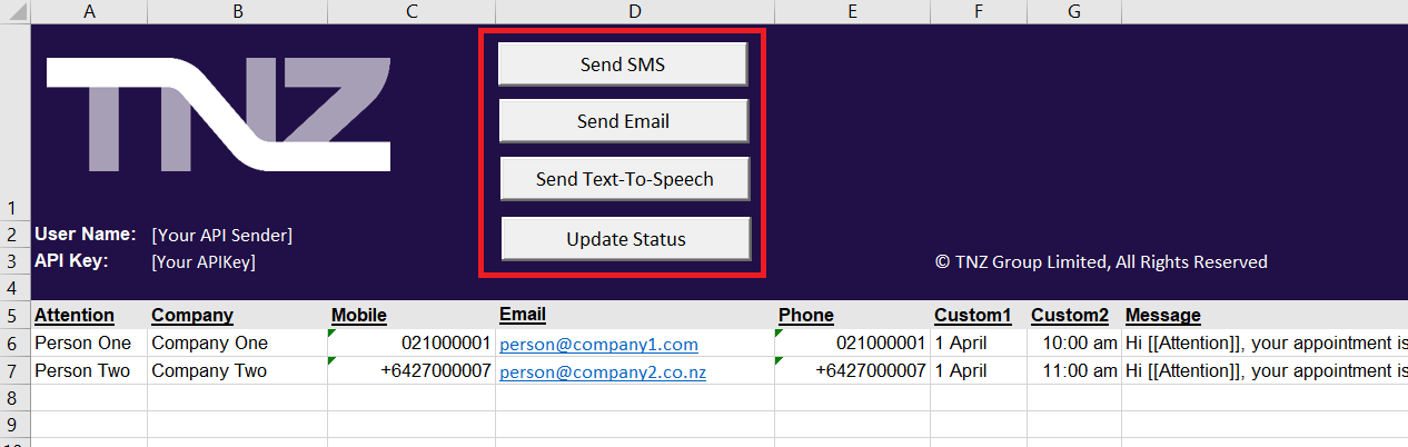 Send SMS, Send Email, Send Text-To-Speech and Update Status buttons highlighted in the sample workbook